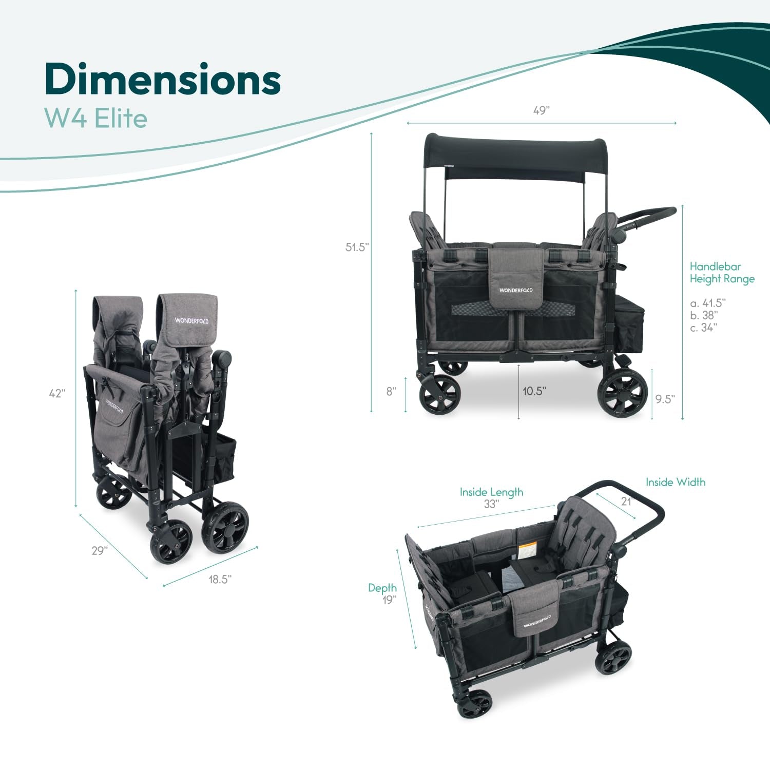 W4 Elite Stroller Wagon (4 Seater) - Collapsible Wagon Stroller with Seats with 5-Point Harnesses, Adjustable Push Handle, and Removable UV Sun Canopy, Charcoal Gray
