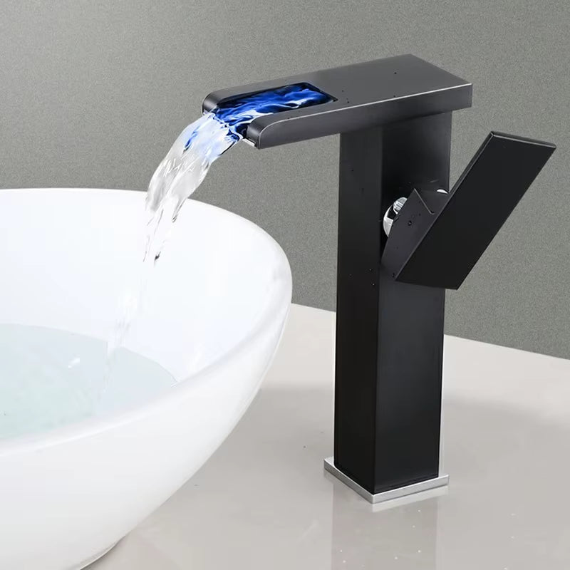 Brass Bathroom Faucet Basin Sink Faucet Waterfall Basin Faucet Led Light Bathroom Sink Faucet for Bathroom Washbasin Faucet