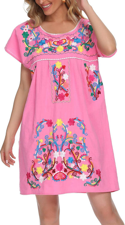 Women'S Casual Skirt Boho Mexican Peasant Dresse plus Size XXL Dress (225PINK, M)