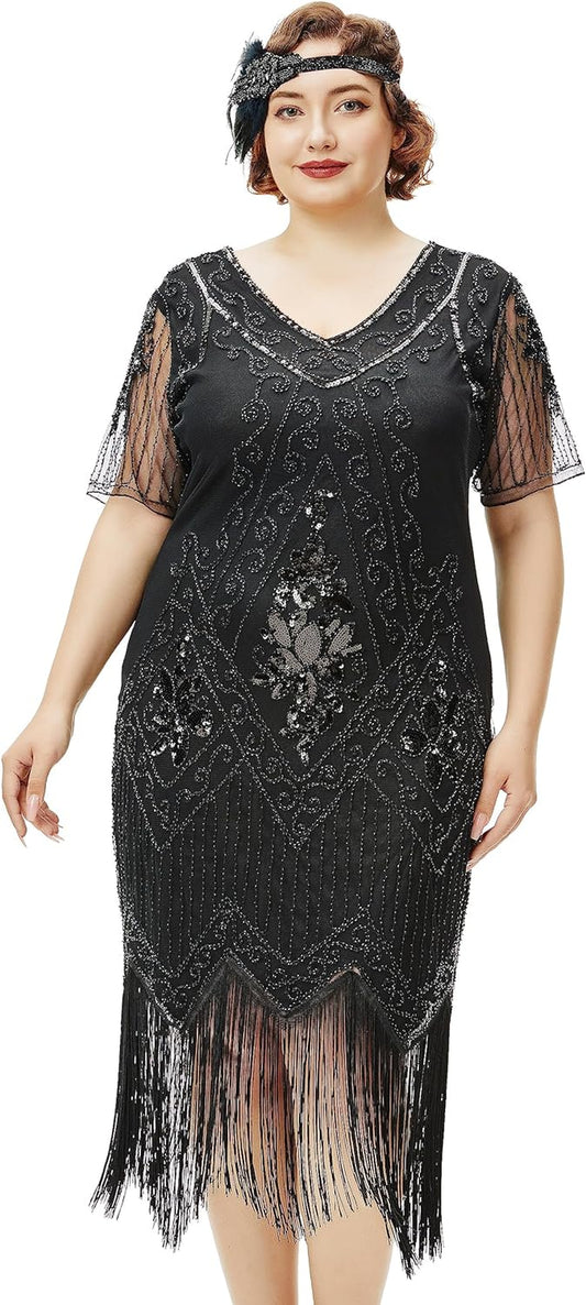 1920S Art Deco Fringed Sequin Dress Roaring 20S Flapper Fancy Dress