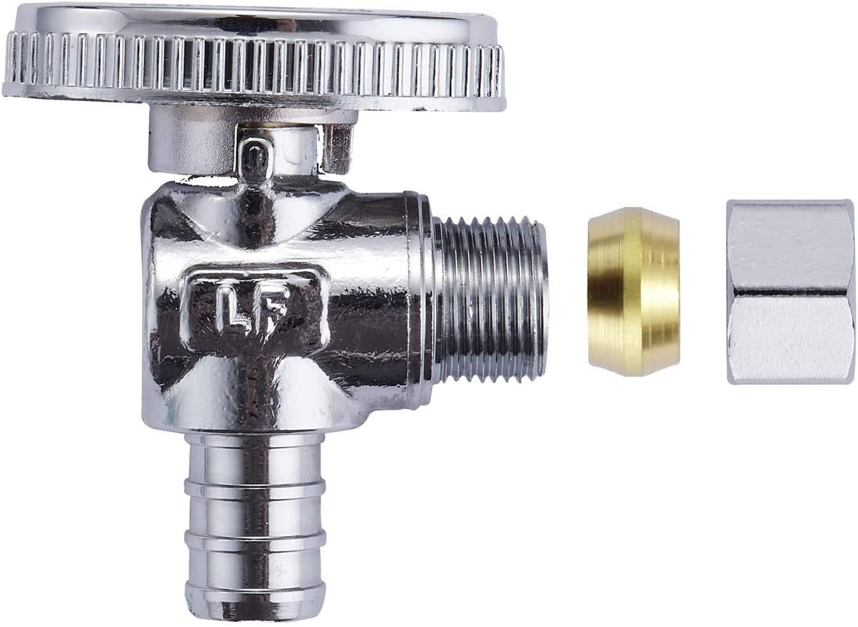2 Pack Premium Lead-Free Brass 1/2 Inch Pex X 1/4 Inch OD Compression Quarter Turn Angle Stop Valve with 2 PCS PEX Clamp Ring