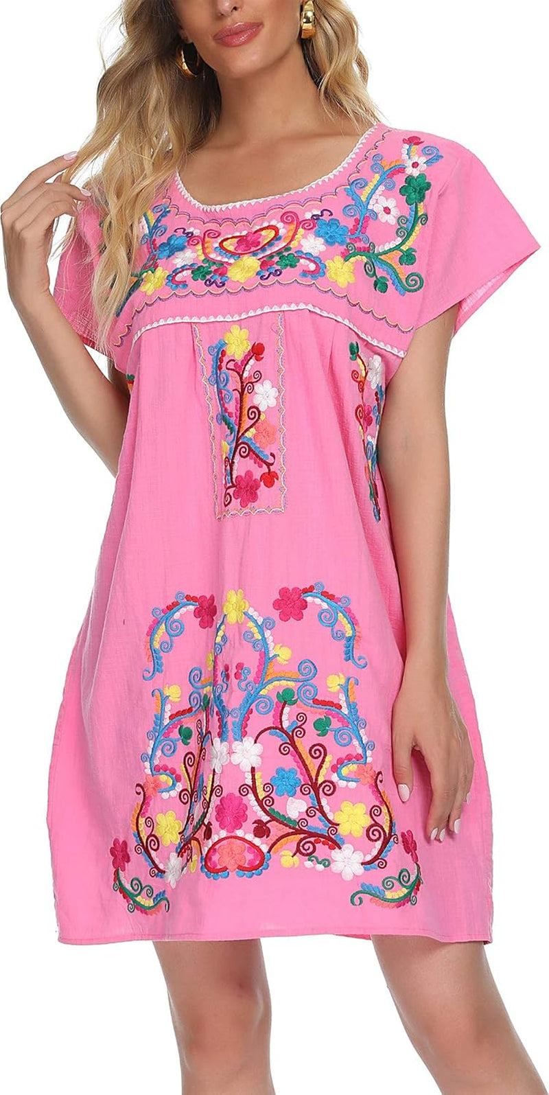 Women'S Casual Skirt Boho Mexican Peasant Dresse plus Size XXL Dress (225PINK, M)